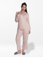 Women Coral Pink Check Sleepwear Long Sleeve Pyjama Set