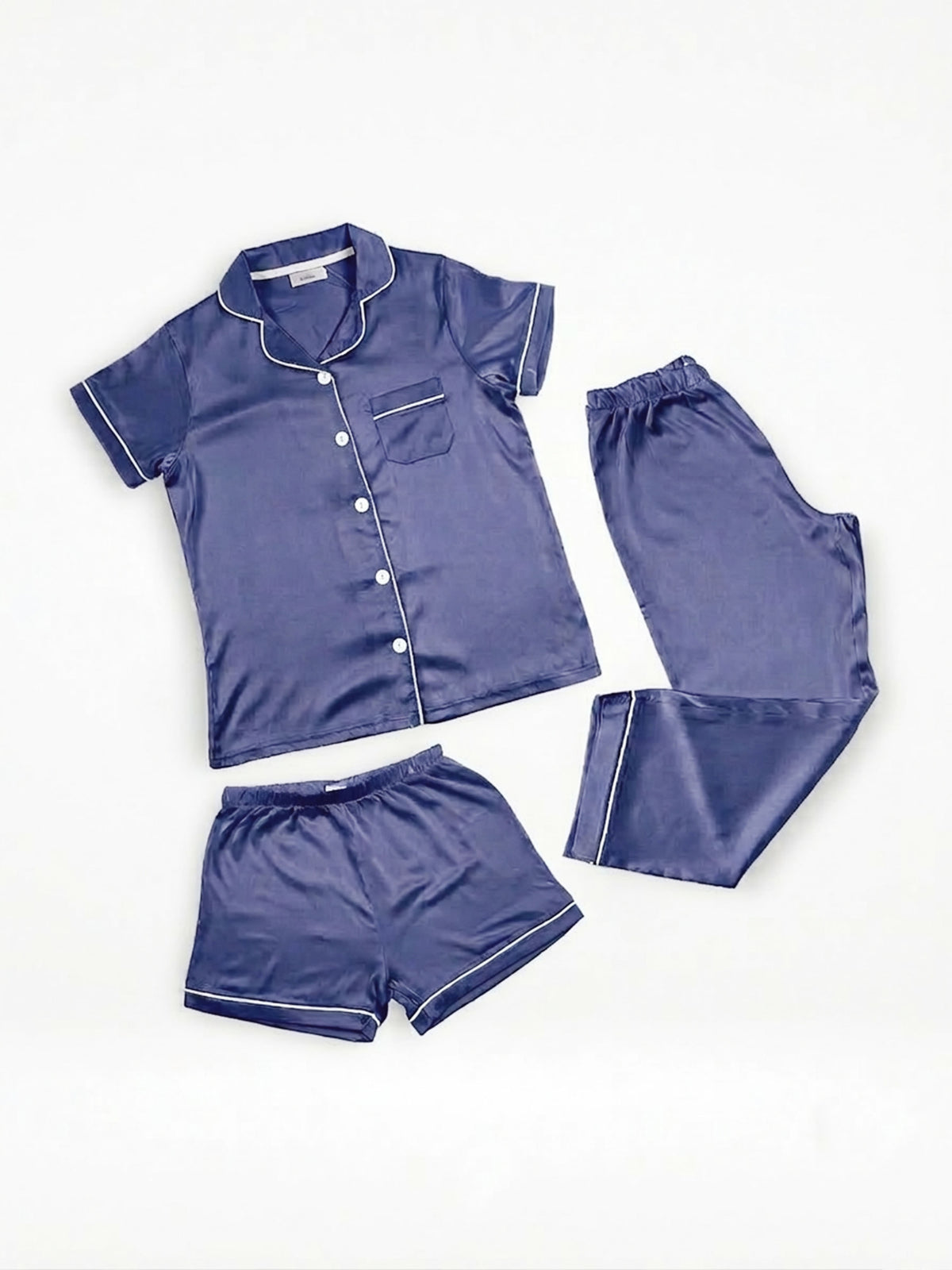 3pcs Women Satin Pajama Set. Contrast Piping, Notch Collar & Button Down.