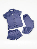 3pcs Women Satin Pajama Set. Contrast Piping, Notch Collar & Button Down.