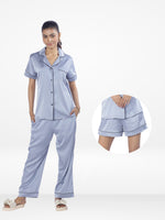 3pcs Women Satin Pajama Set. Contrast Piping, Notch Collar & Button Down.