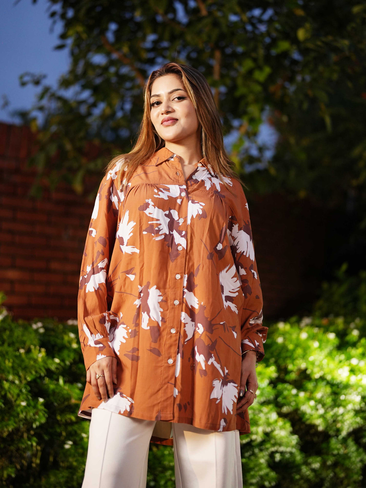 Women’s Floral Print Tunic Shirt – Long Sleeve Button-Up Blouse | Casual Loose Fit Top for Women