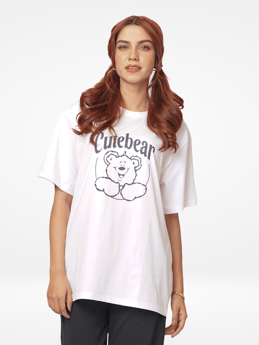 Women Cute Bear Graphics Print Cotton T-shirt