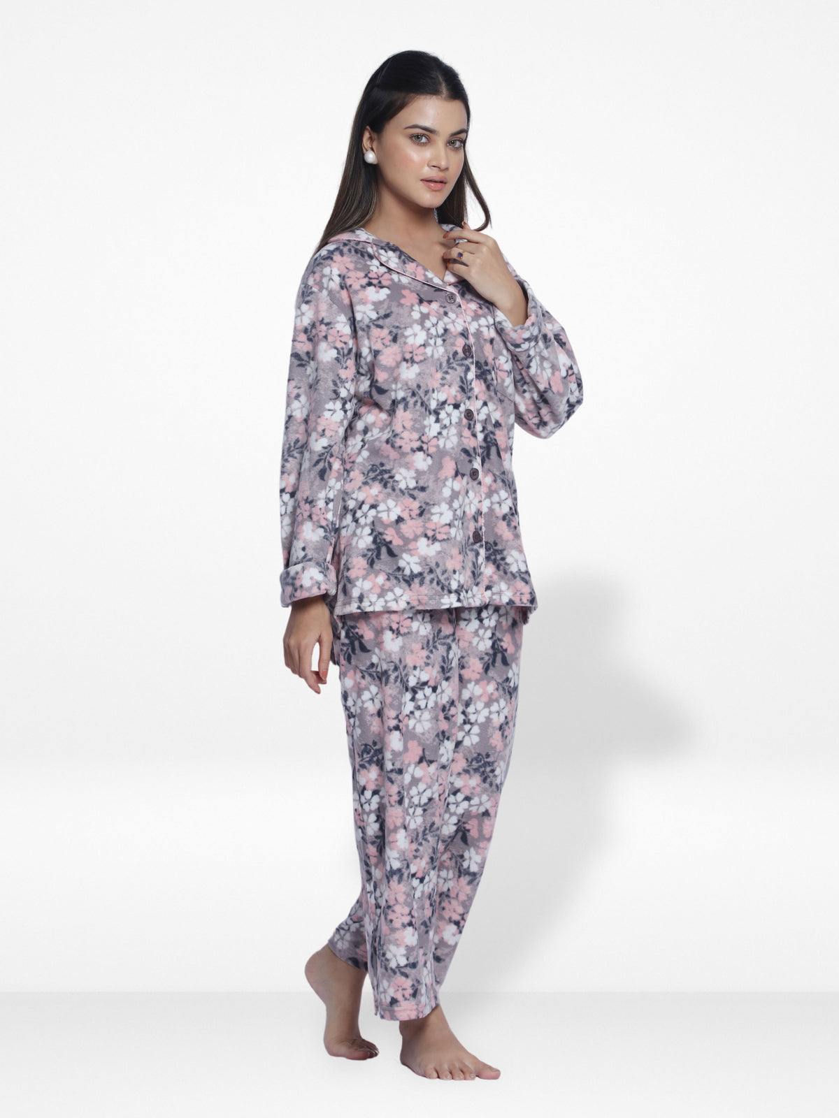 WomenMicro Polar Fleece Grey floral print Sleepwear Long Sleeve Pyjama Set