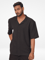 Men's Half-Sleeve Relaxed-Fit Casual Cuban Collar Shirt Black- INTEBLU