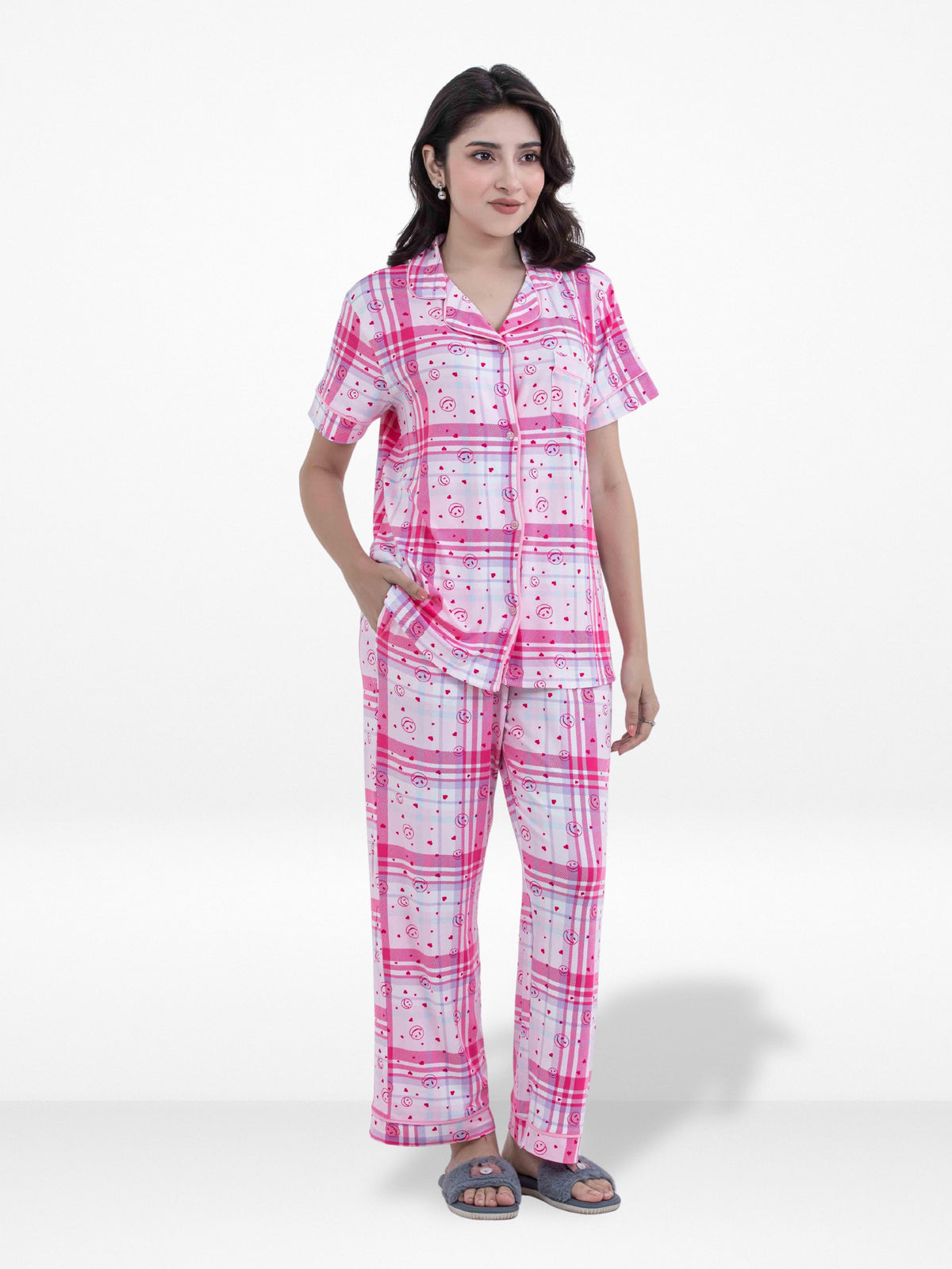 Women Pink Plaid Printed Pyjama Set, Night wear Dress Women's Check Printed Night Suit Set Shirt & Pyjama | Soft Nightwear Dress, 2 Piece Sleepwear for Women,
