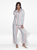 Women White MultistripSleepwear Long Sleeve Pyjama Set
