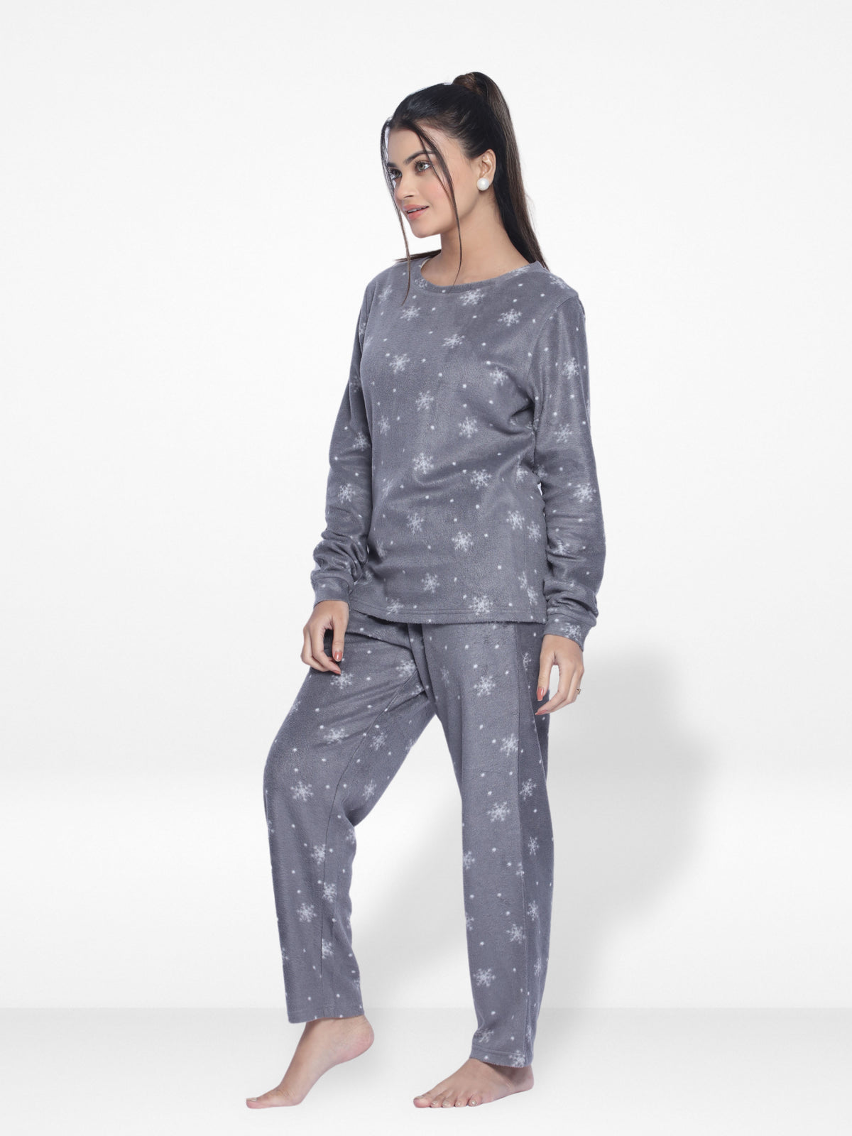 Women's Micro Polar Fleece Star Print Crew Neck Long Sleeve Pyjama Set