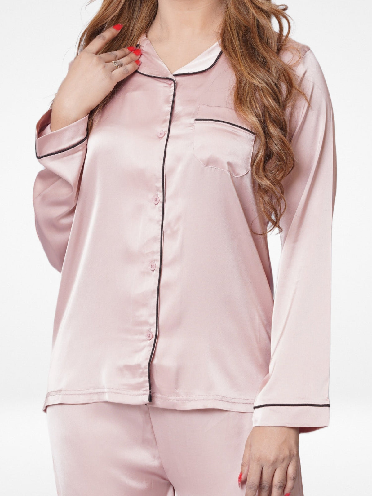 Satin Pajama Set for Women - Contrast Piping, Notch Collar, Button Down, Long Sleeve & Long Pant