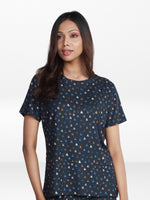 Women’s All Over Printed Short Sleeve Lounge Top | Soft Stretch Yummy Rib Fabric | Crew Neck Casual Sleepwear & Loungewear Top - Navy