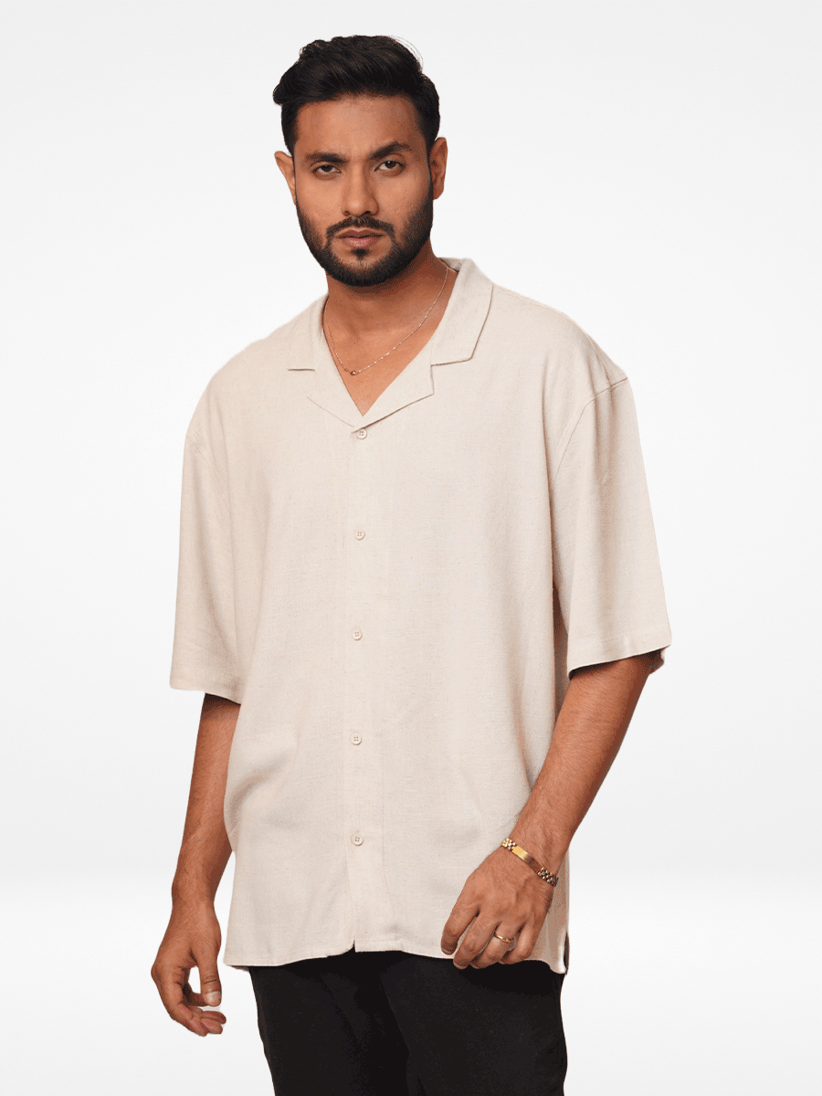 Men's Half-Sleeve Relaxed-Fit Casual Cuban Collar Shirt Beige