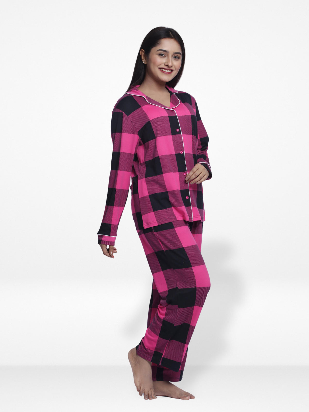 Women Sleepwear Long Sleeve Pyjama Set Wine Check