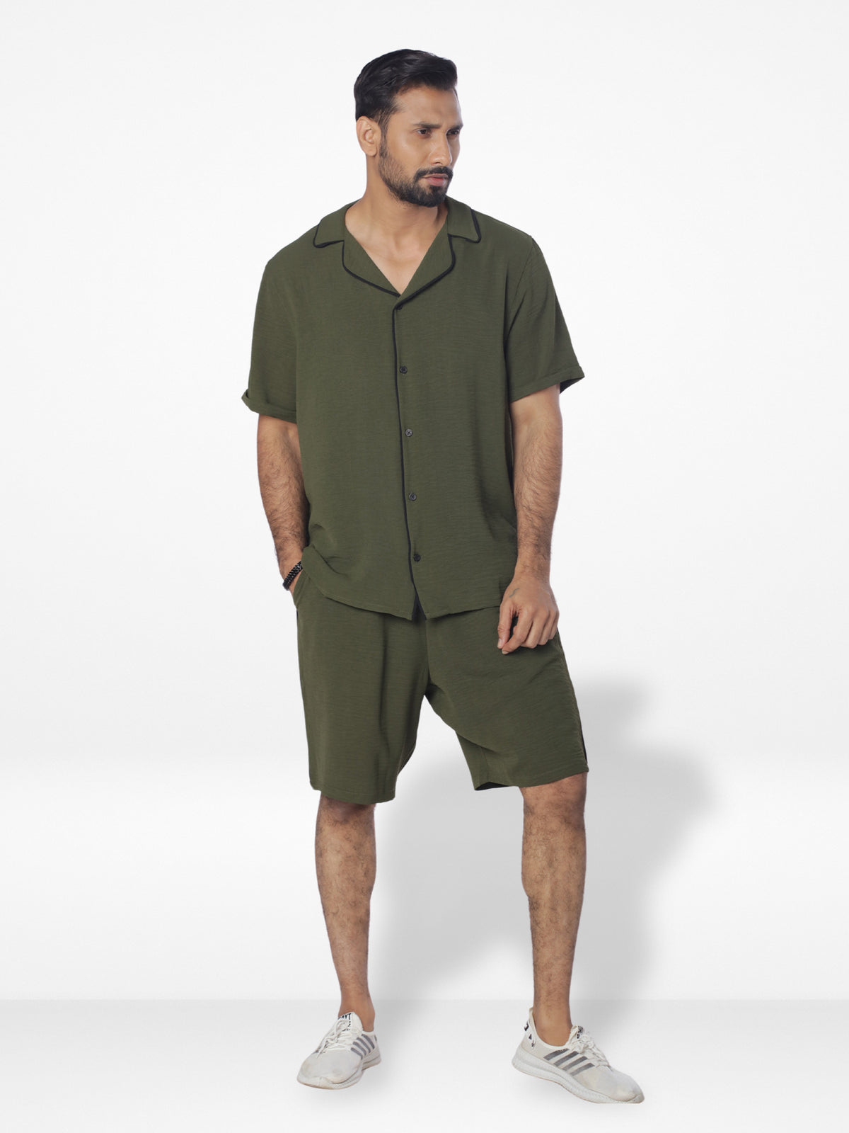 Men's Casual Short Sleeve Button Down Shirt Short Pant Set | Olive