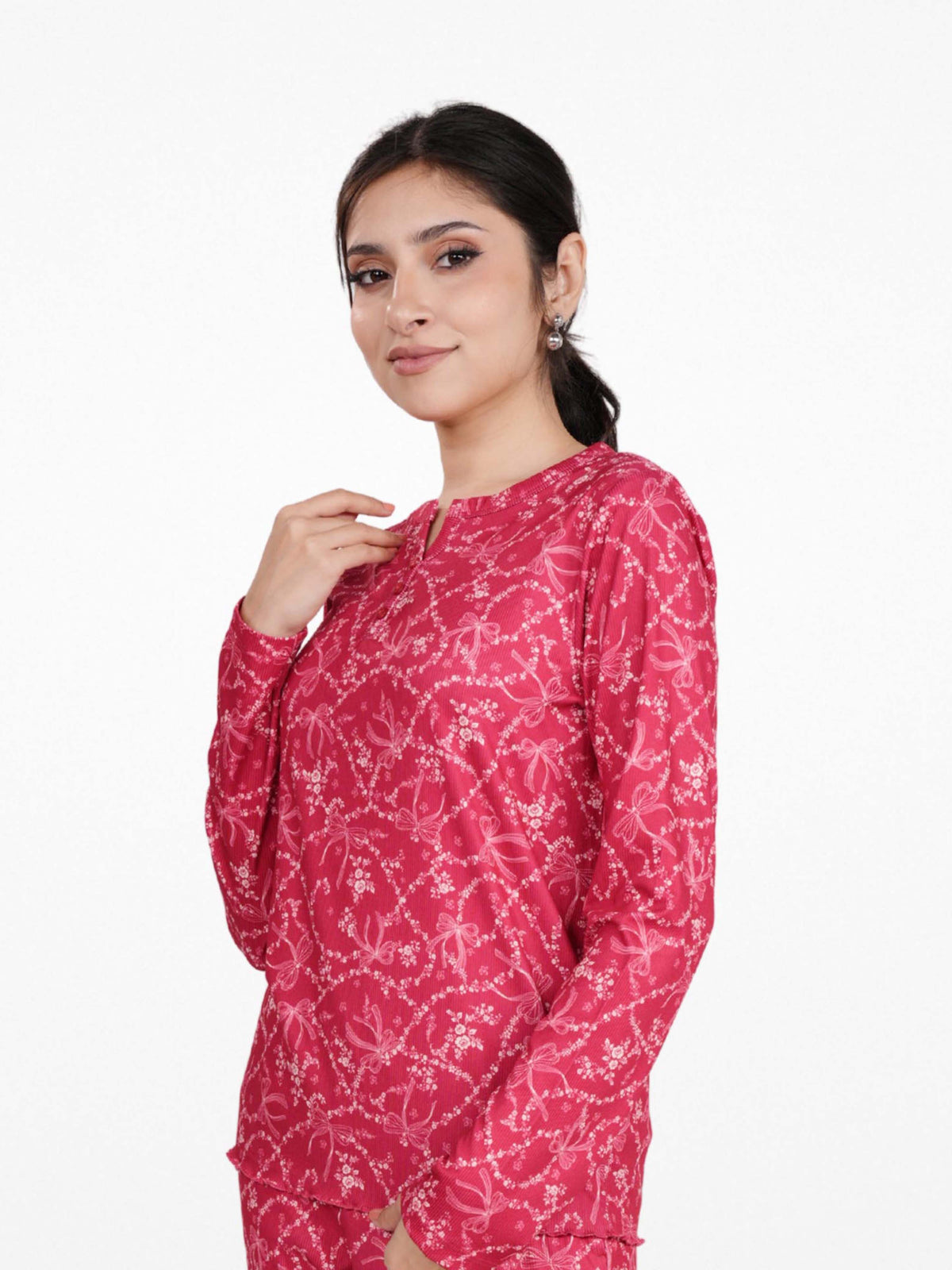 Women's Henley Long Sleeve Printed Top – Soft & Stretchy Rib Knit Casual T-Shirt