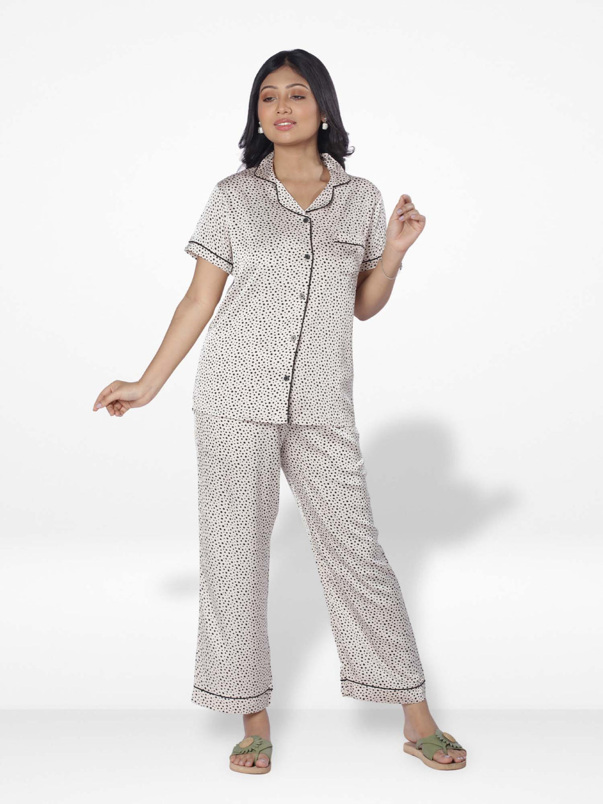 Satin Pajama Set for Women - Contrast Piping, Notch Collar, Button Down, Short Sleeve Long Pant