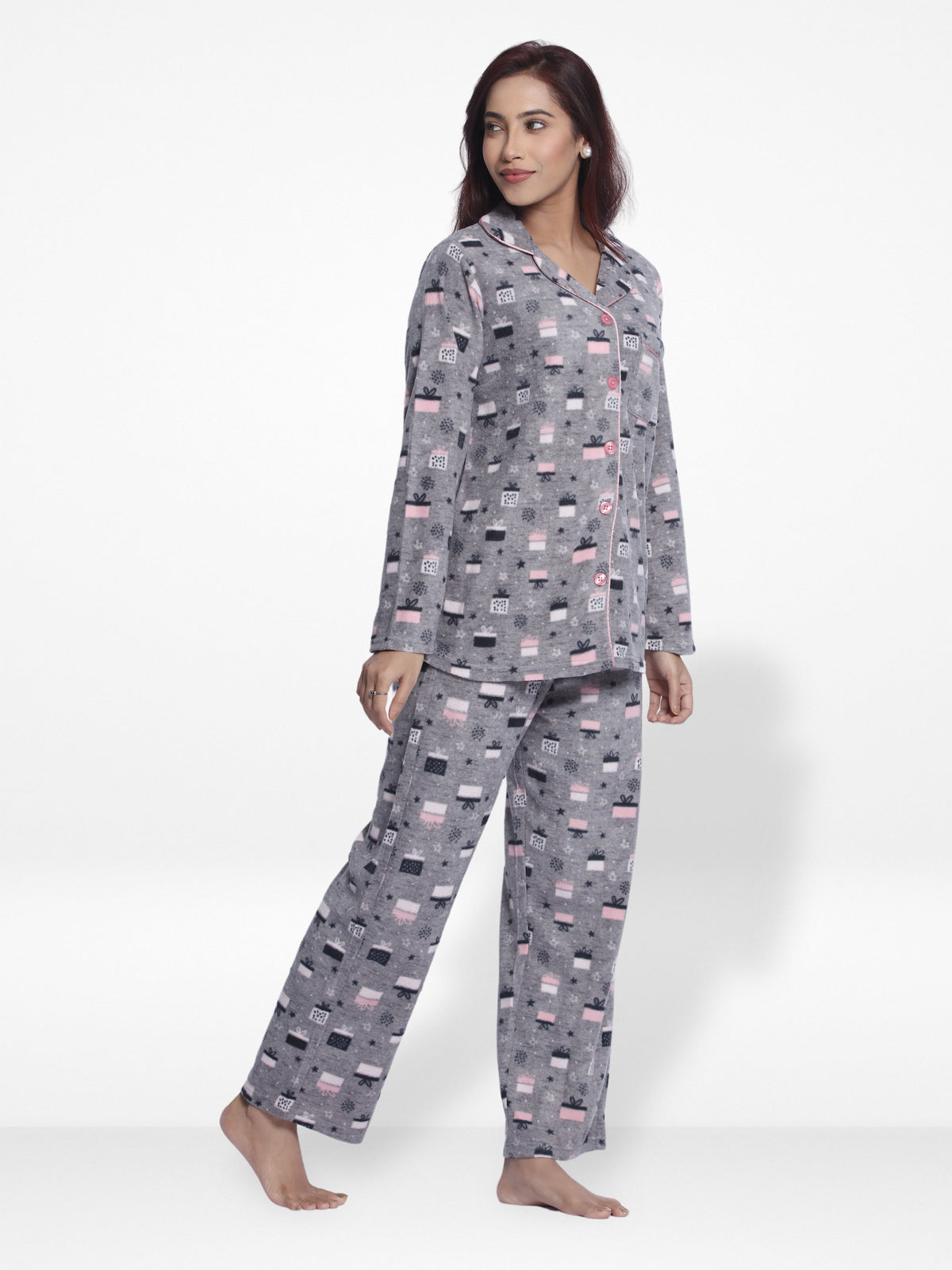 Women Micro Polar Fleece Grey Animal print Sleepwear Long Sleeve Pyjama Set