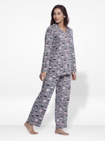 Women Micro Polar Fleece Grey Animal print Sleepwear Long Sleeve Pyjama Set