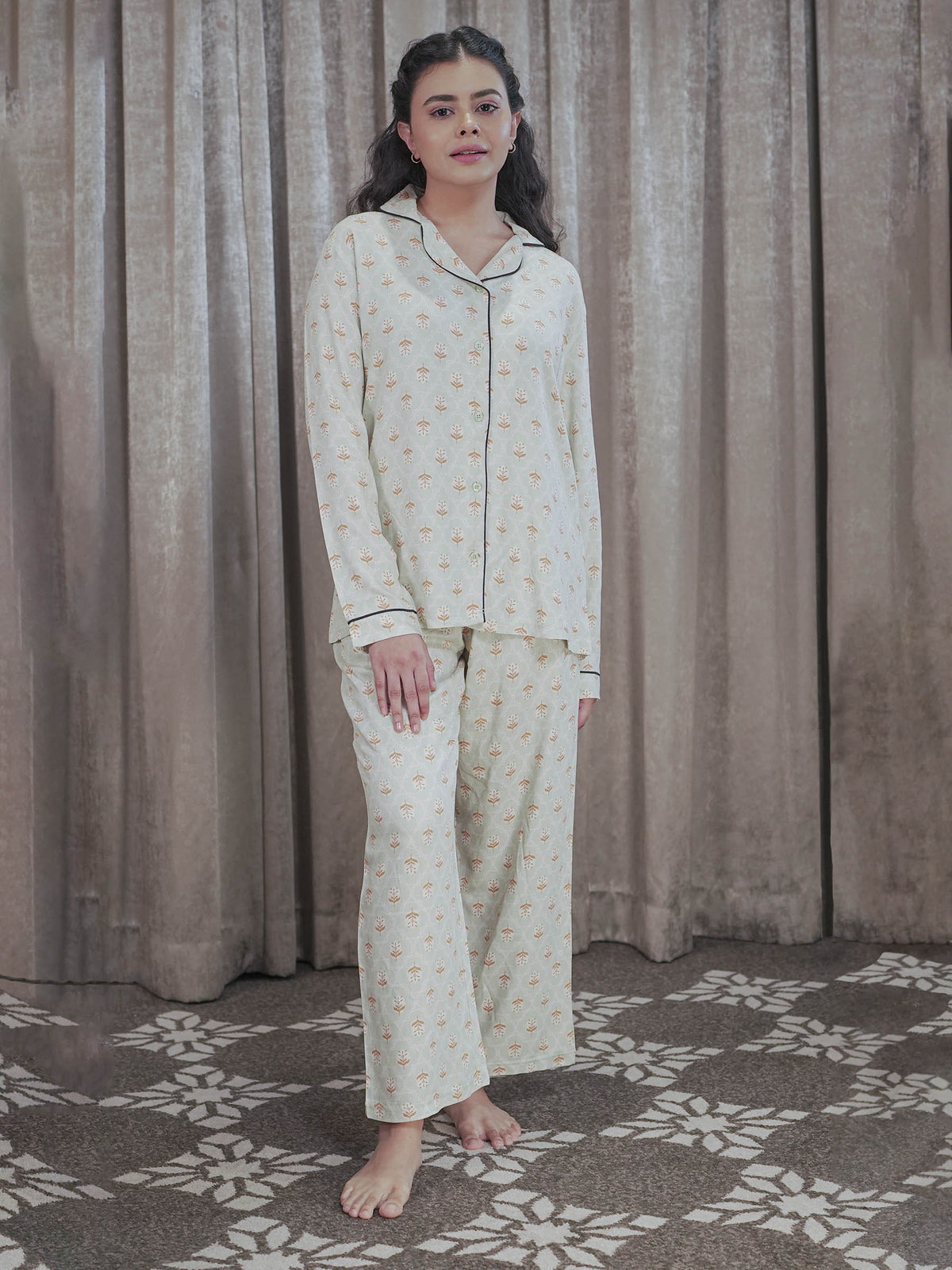 Women Light GreenSleepwear Long Sleeve Pyjama Set