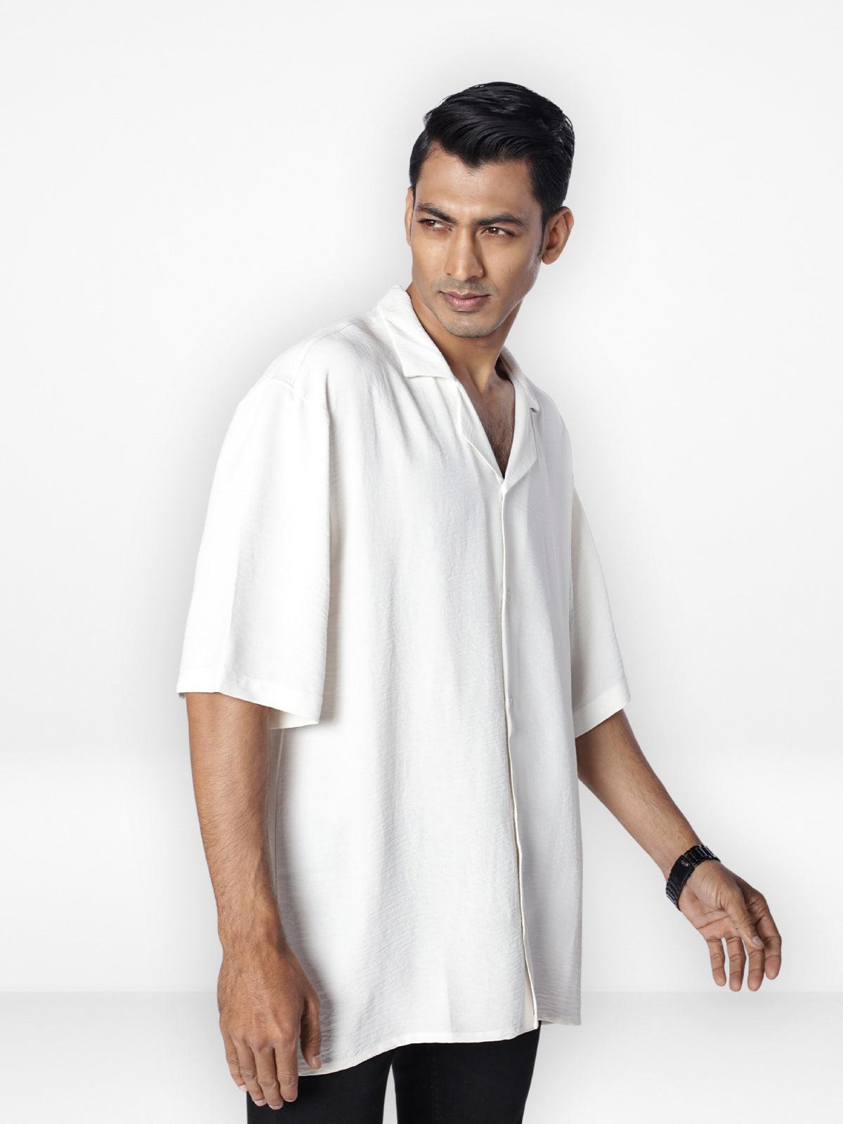 Men's Half-Sleeve Relaxed-Fit Casual Cuban Collar Shirt| OFF WHITE