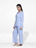 Women Blue Stripe Sleepwear Long Sleeve Pyjama Set