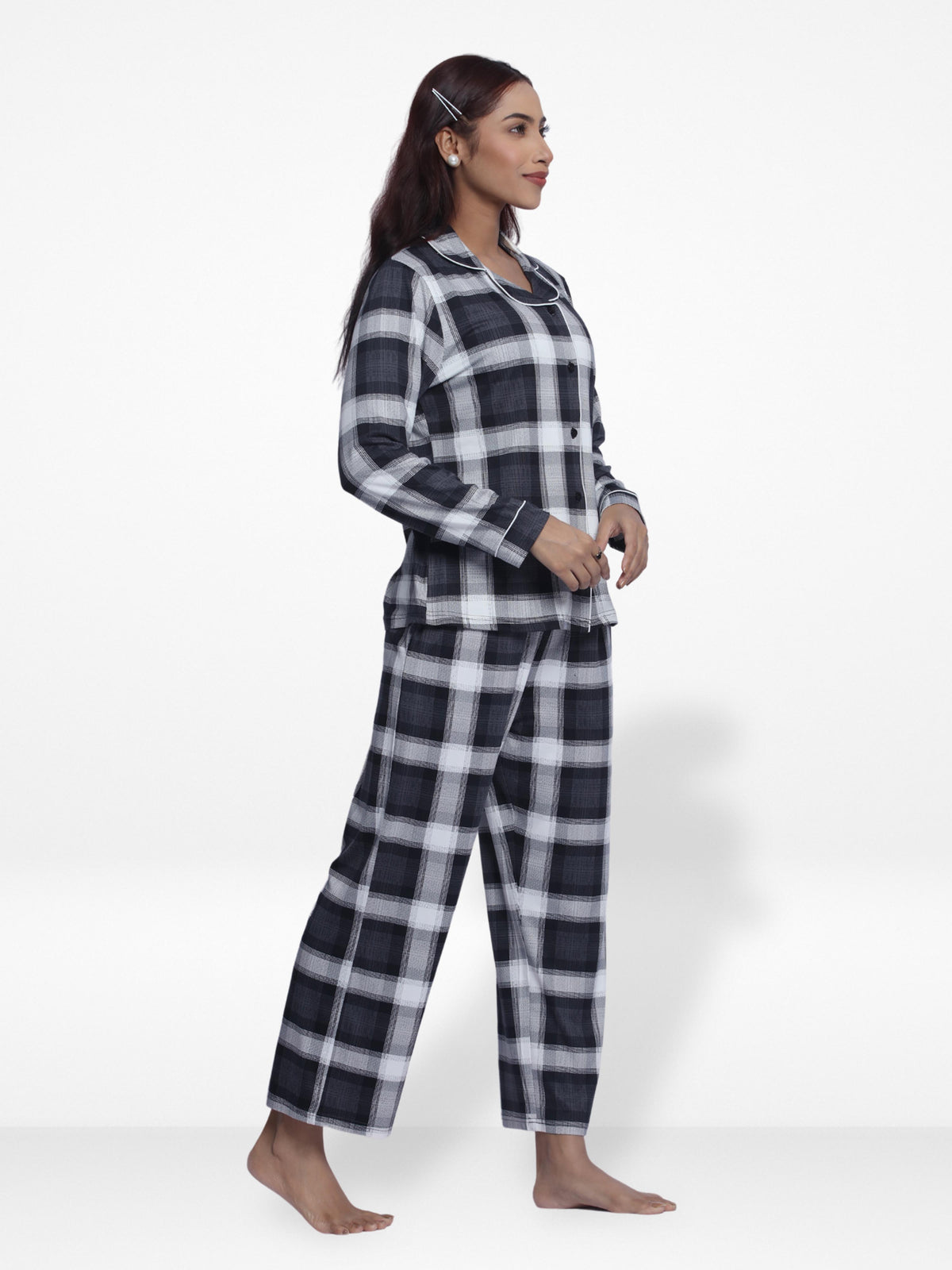 Women Sleepwear Long Sleeve Pyjama Set White Check