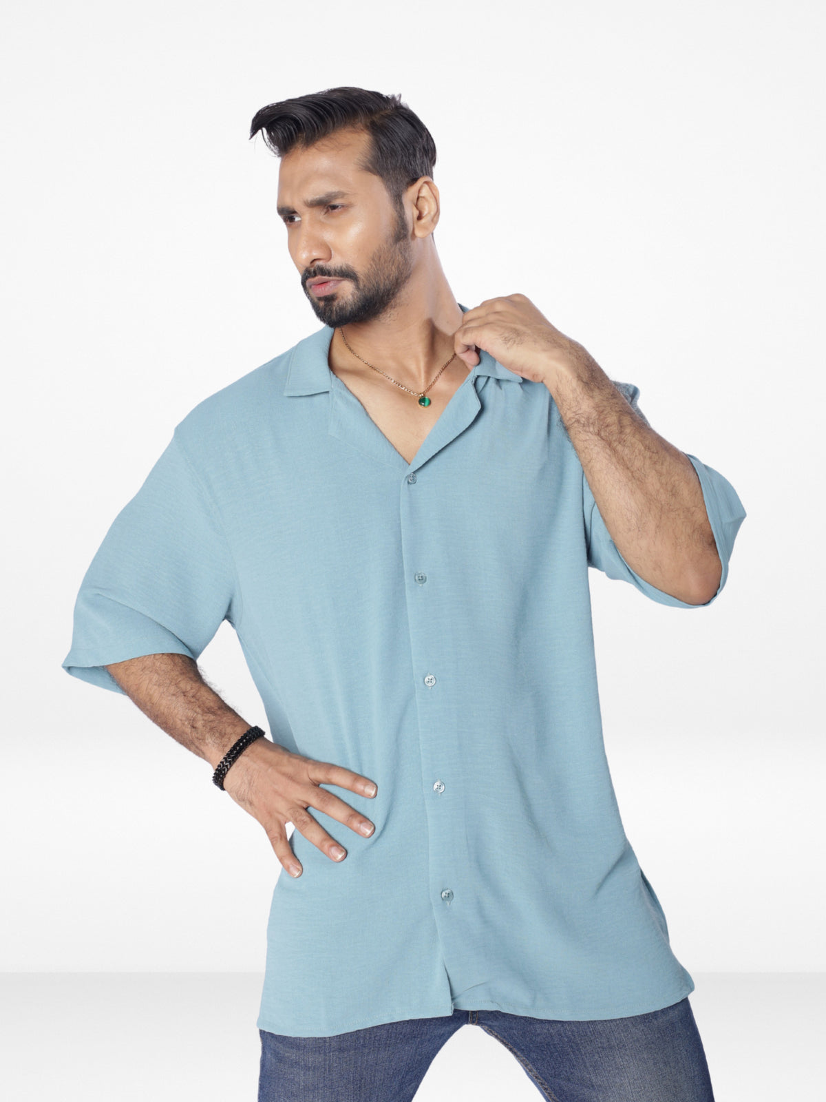 Men's Half-Sleeve Relaxed-Fit Casual Cuban Collar Shirt| POP GREEN