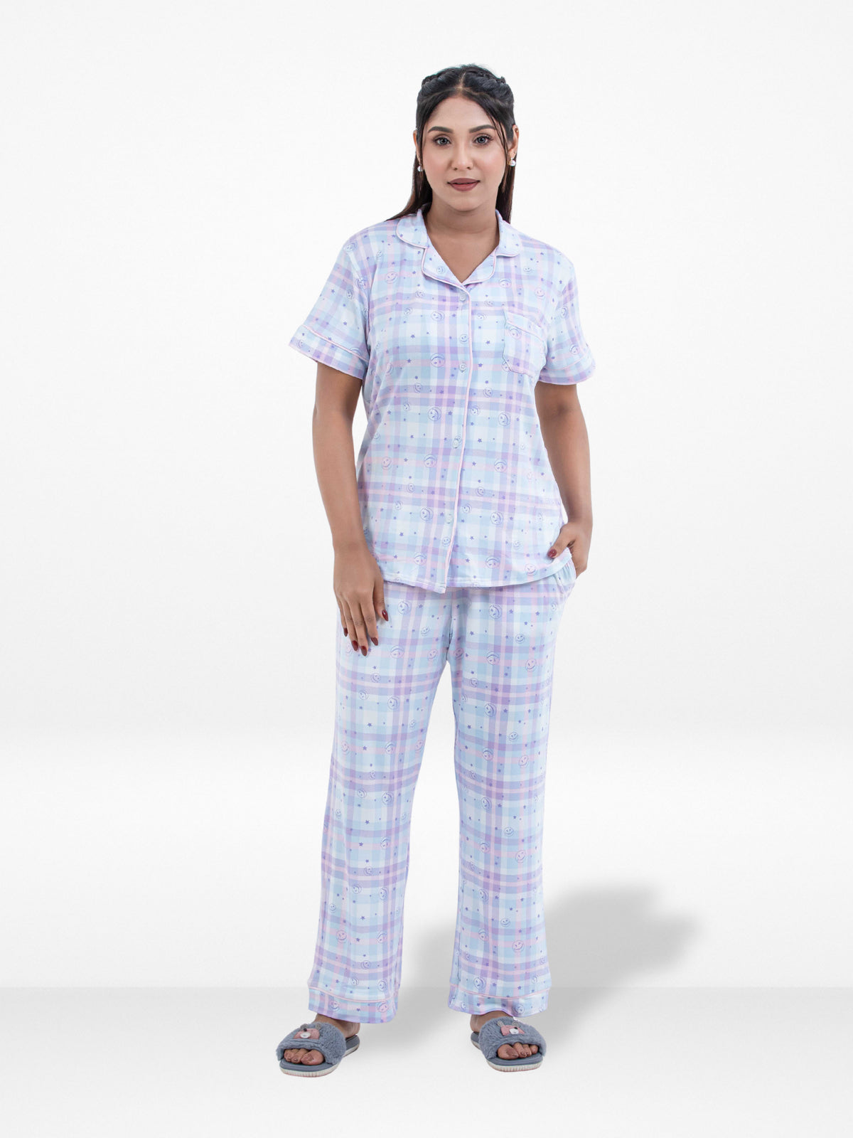 Women Pastel Plaid Printed Suit Shirt & Pyjama Set , Night wear Dress Women's Printed Night Suit Set Shirt & Pyjama | Soft Nightwear Dress, 2 Piece Sleepwear for Women,