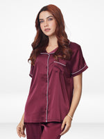 3pcs Women Satin Pajama Set. Contrast Piping, Notch Collar & Button Down.