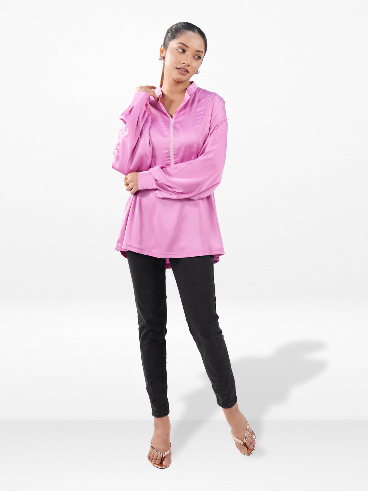 Women’s Satin Band Collar Top – Soft Shiny Blouse | Elegant Party & Everyday Wear