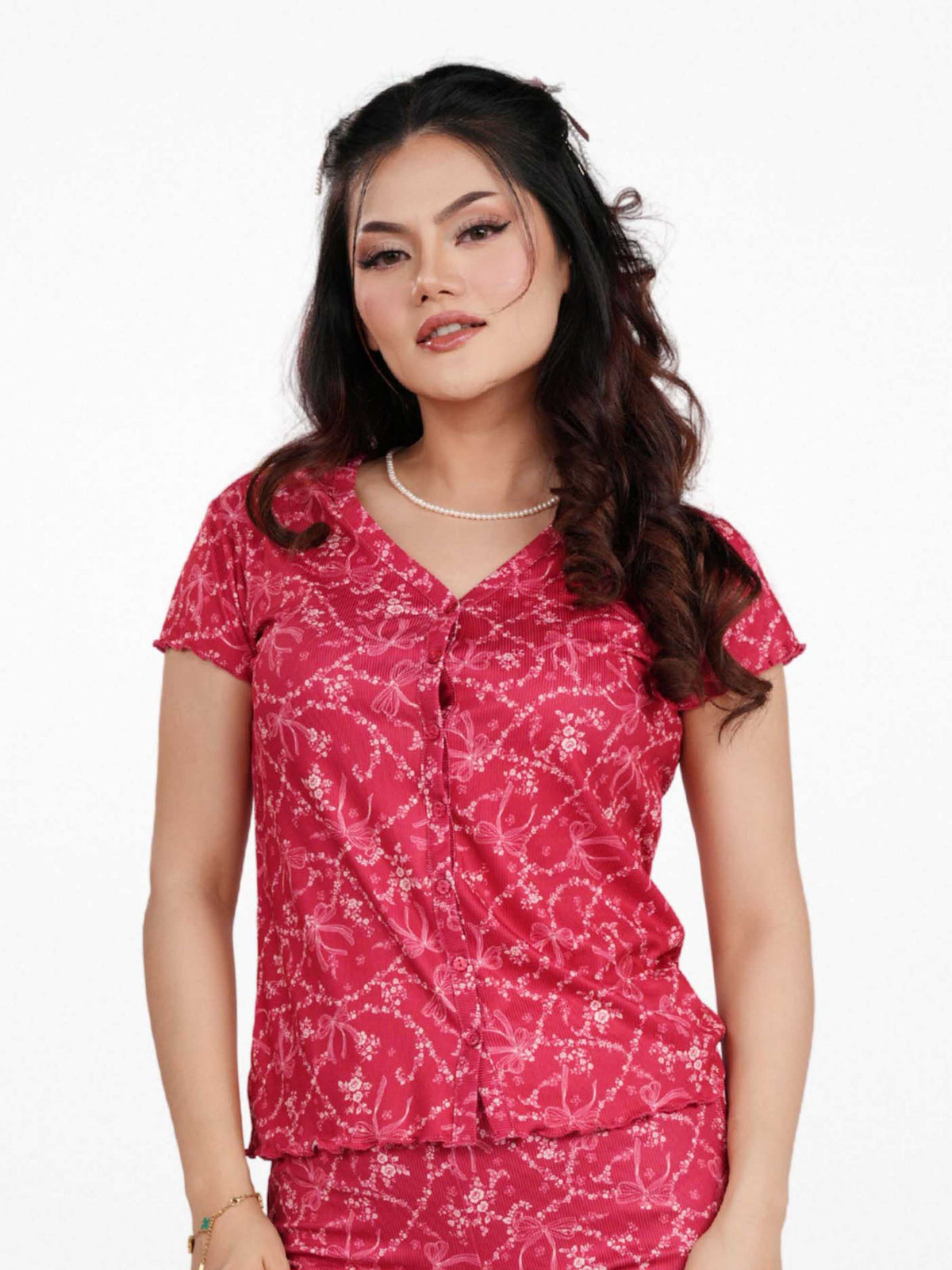 Women’s Short Sleeve Button-Down Top | Printed Sleepwear Shirt | Soft & Stretchy Yummy Rib Fabric | Lounge Top - Crimson