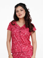 Women’s Short Sleeve Button-Down Top | Printed Sleepwear Shirt | Soft & Stretchy Yummy Rib Fabric | Lounge Top - Crimson