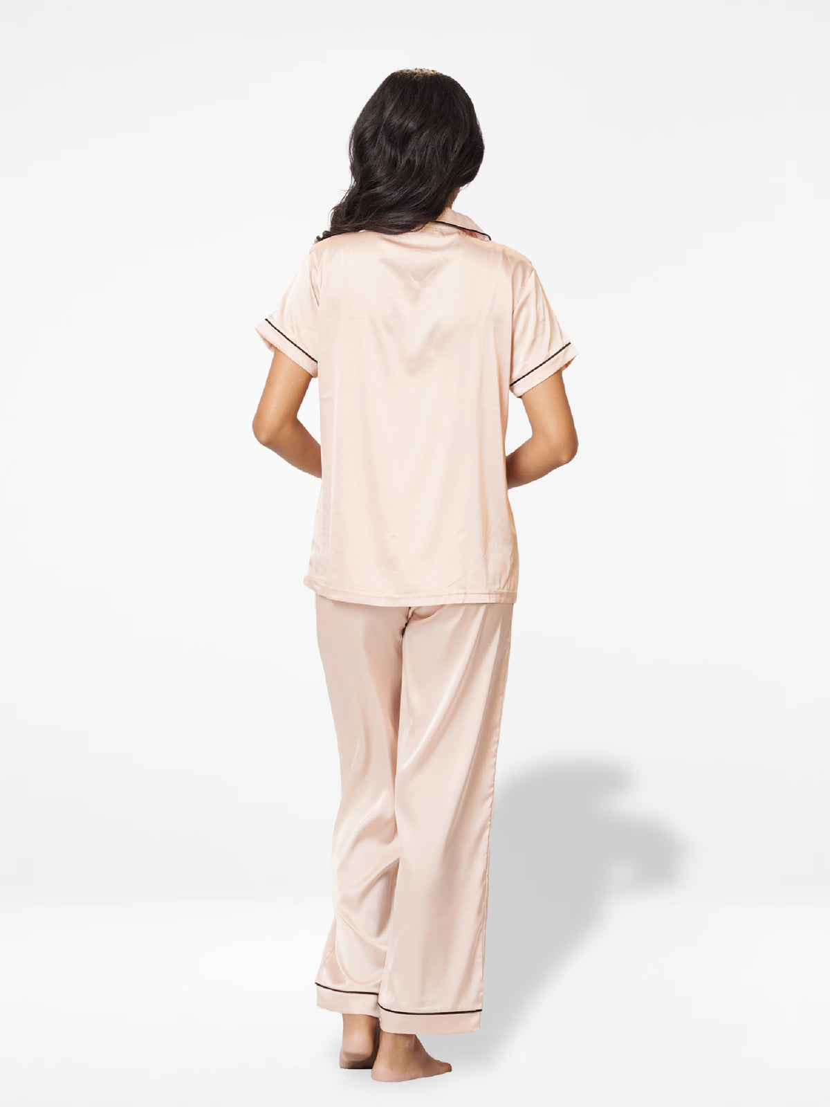 Satin Pajama Set for Women - Contrast Piping, Notch Collar, Button Down, Short Sleeve, Long Pant