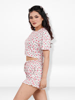 Women’s All Over Printed Crop Top Set – Crew Neck Half Sleeve Tee & Matching Bottom | Trendy Casual Two-Piece Wear