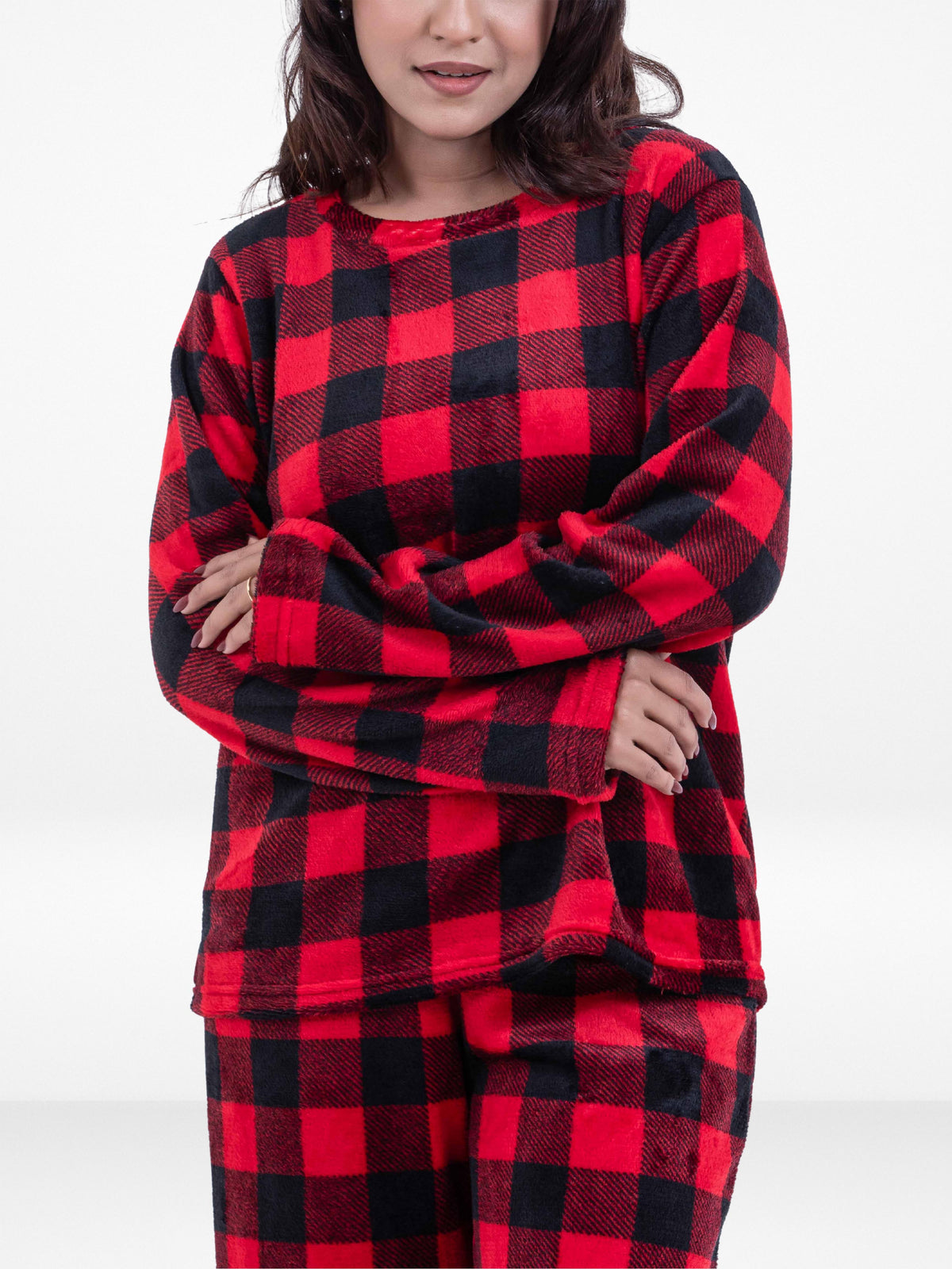Women’s Red Check Printed Pyjama Set – Long Sleeve Top & Pants, Soft Comfortable Sleepwear, Cozy Winter Loungewear for Women