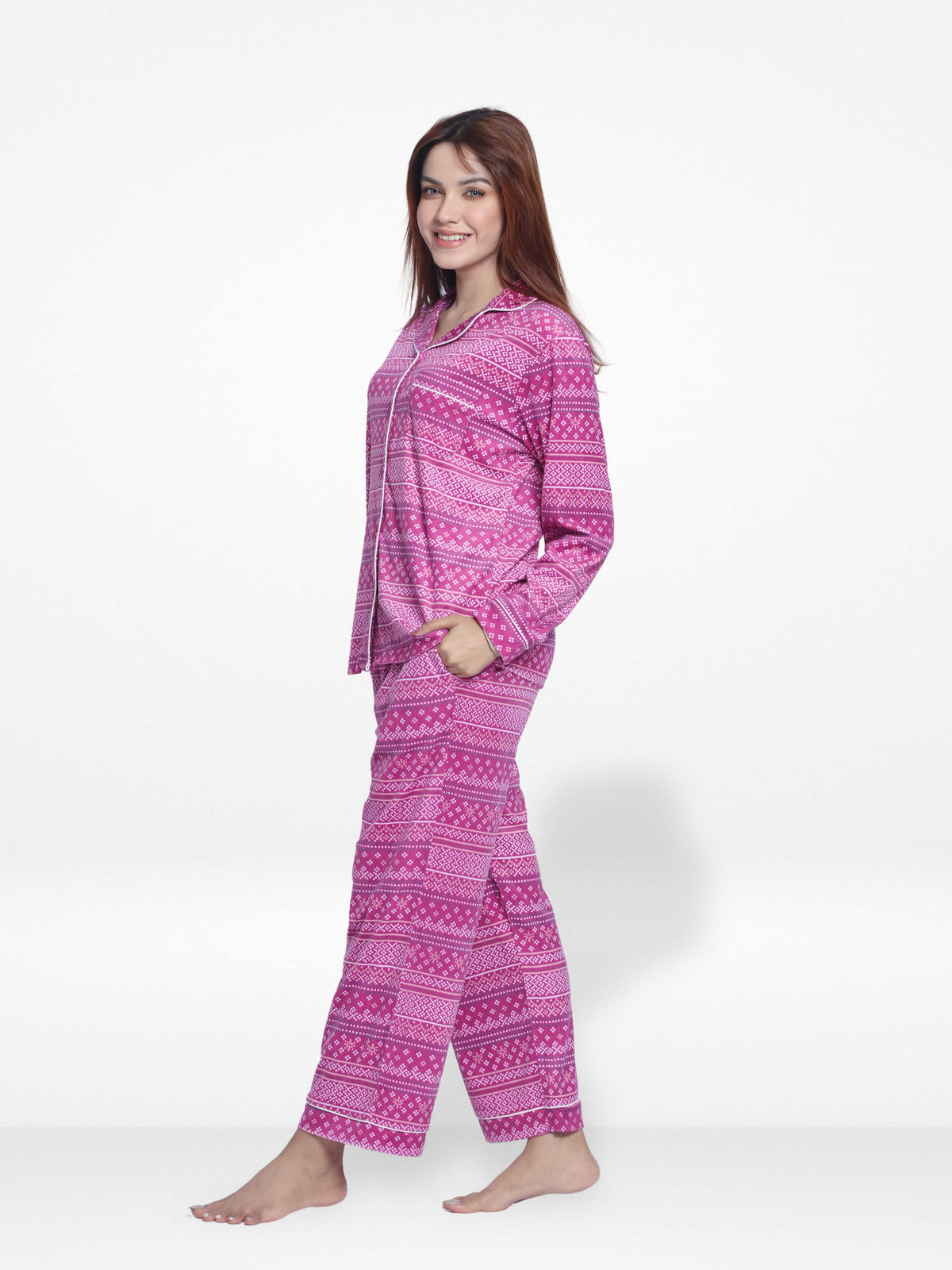 Women Velour Sleepwear Long Sleeve Pink Aop Pyjama Set