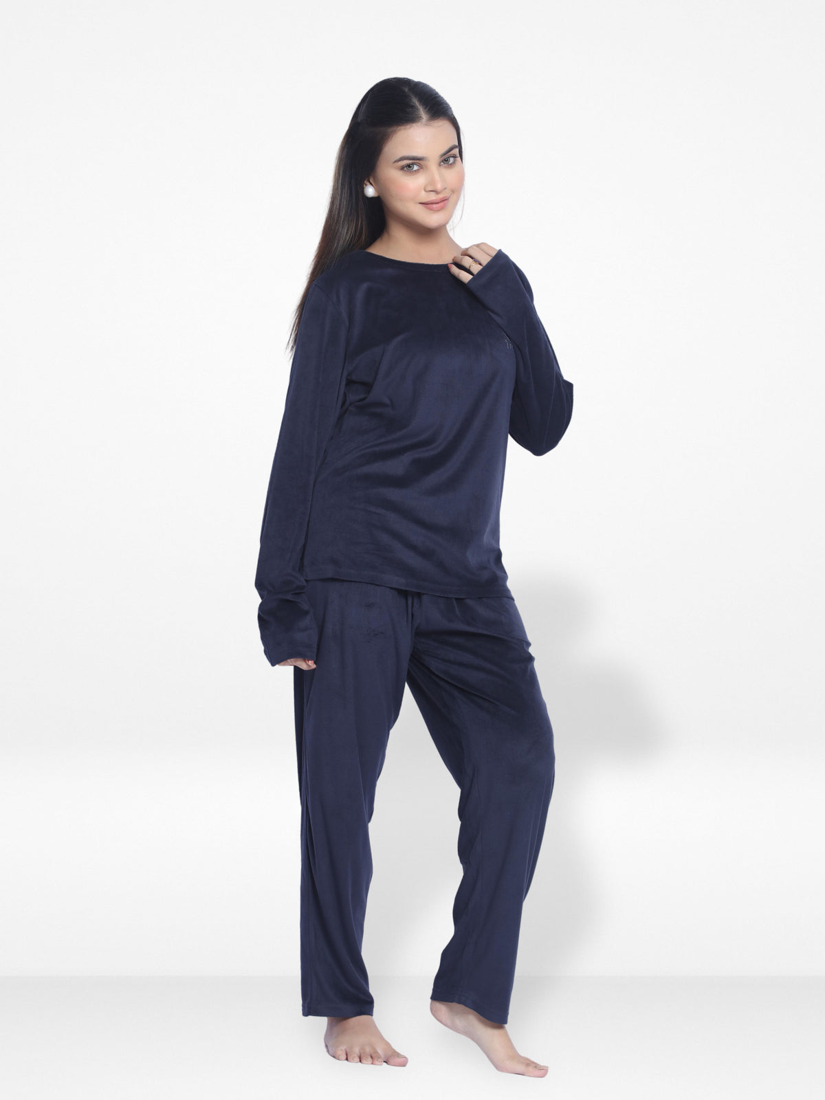 Women Velour Sleepwear Long Sleeve Pyjama Set Navy