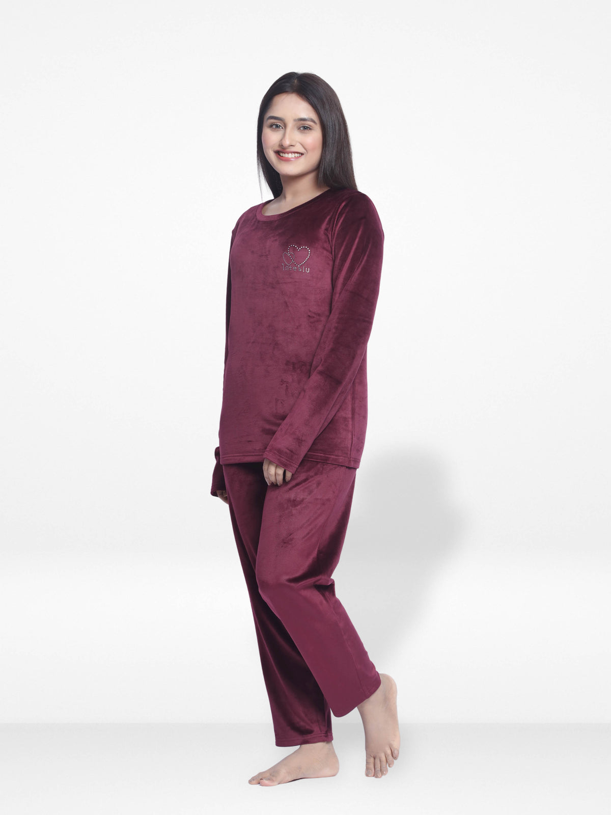 Women Velour Sleepwear Long Sleeve Pyjama Set Wine