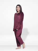 Women Velour Sleepwear Long Sleeve Pyjama Set Wine