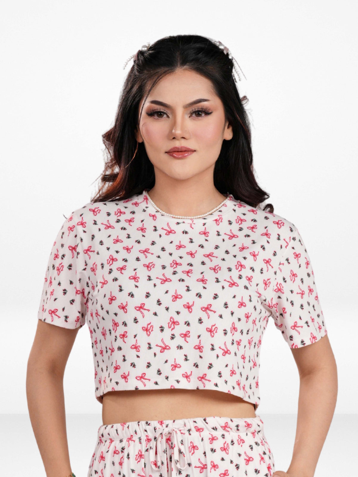 Womens All Over Printed Crop Top and Long Bottom Set Crew Neck Half Sleeve Tee & Matching Bottom | Trendy Casual Two-Piece Wear - Egret