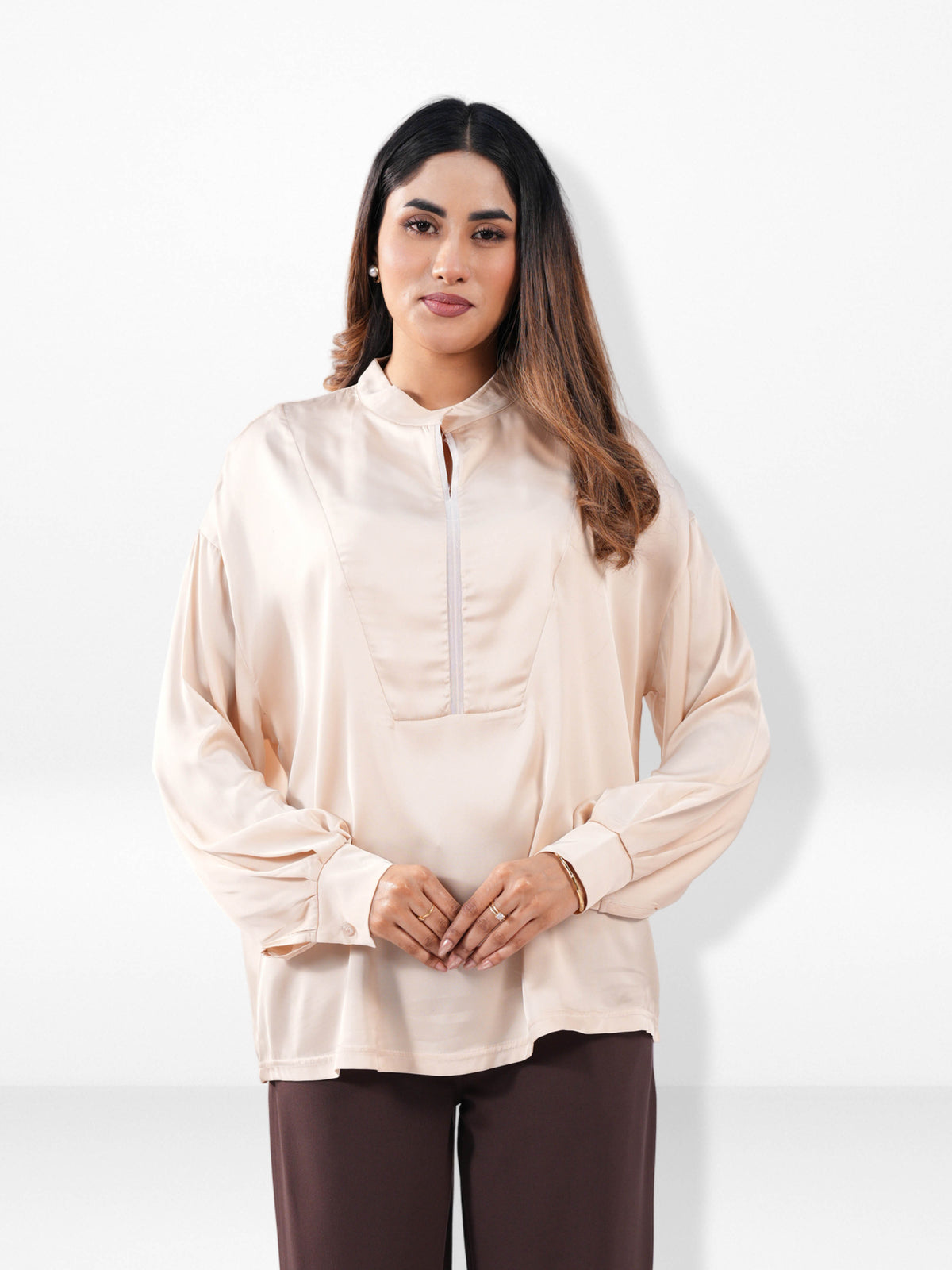 Women’s Satin Band Collar Top – Soft Shiny Blouse | Elegant Party & Everyday Wear