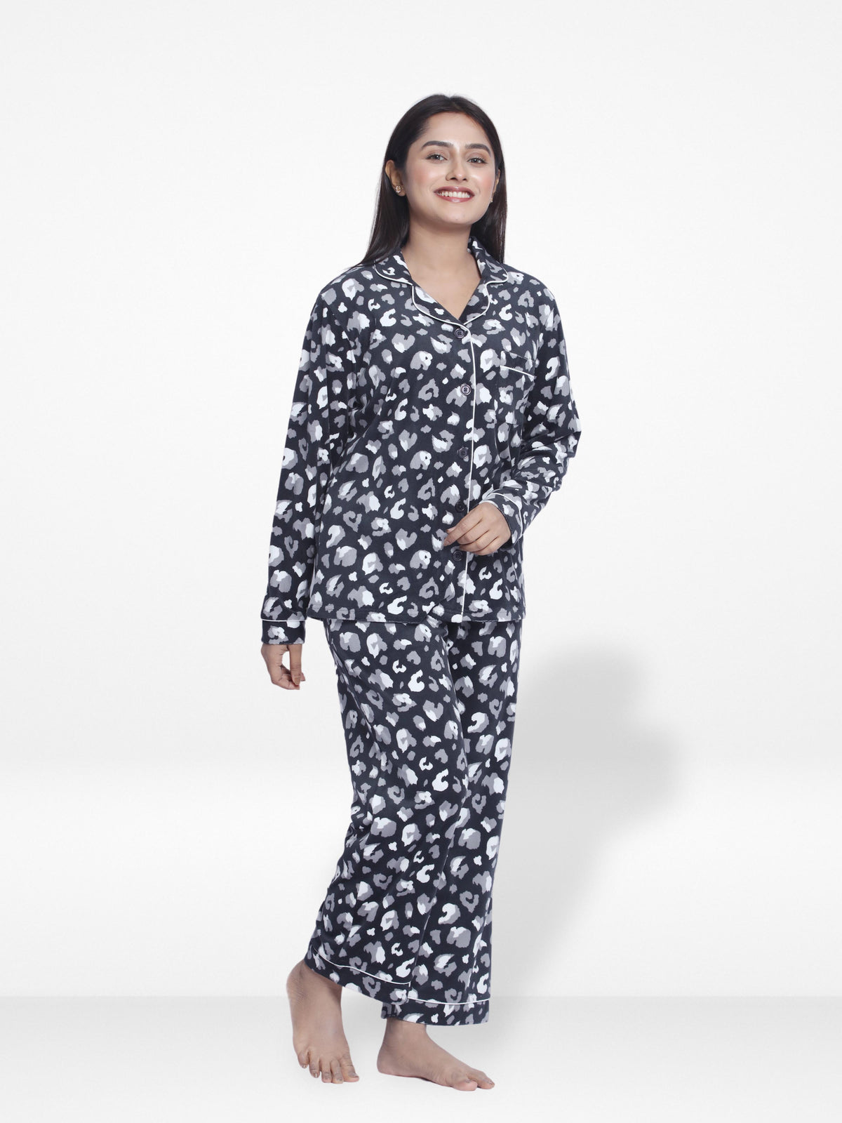 Women Velour Sleepwear Long Sleeve Dark Grey Aop Pyjama Set