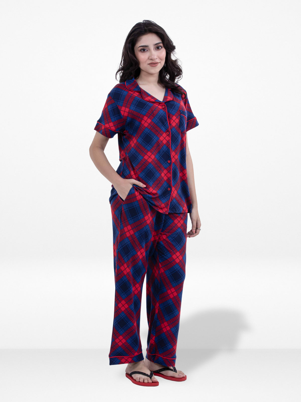 Women Red Checked Printed Suit Shirt & Pyjama Set , Night wear Dress Women's Printed Night Suit Set Shirt & Pyjama | Soft Nightwear Dress, 2 Piece Sleepwear for Women,