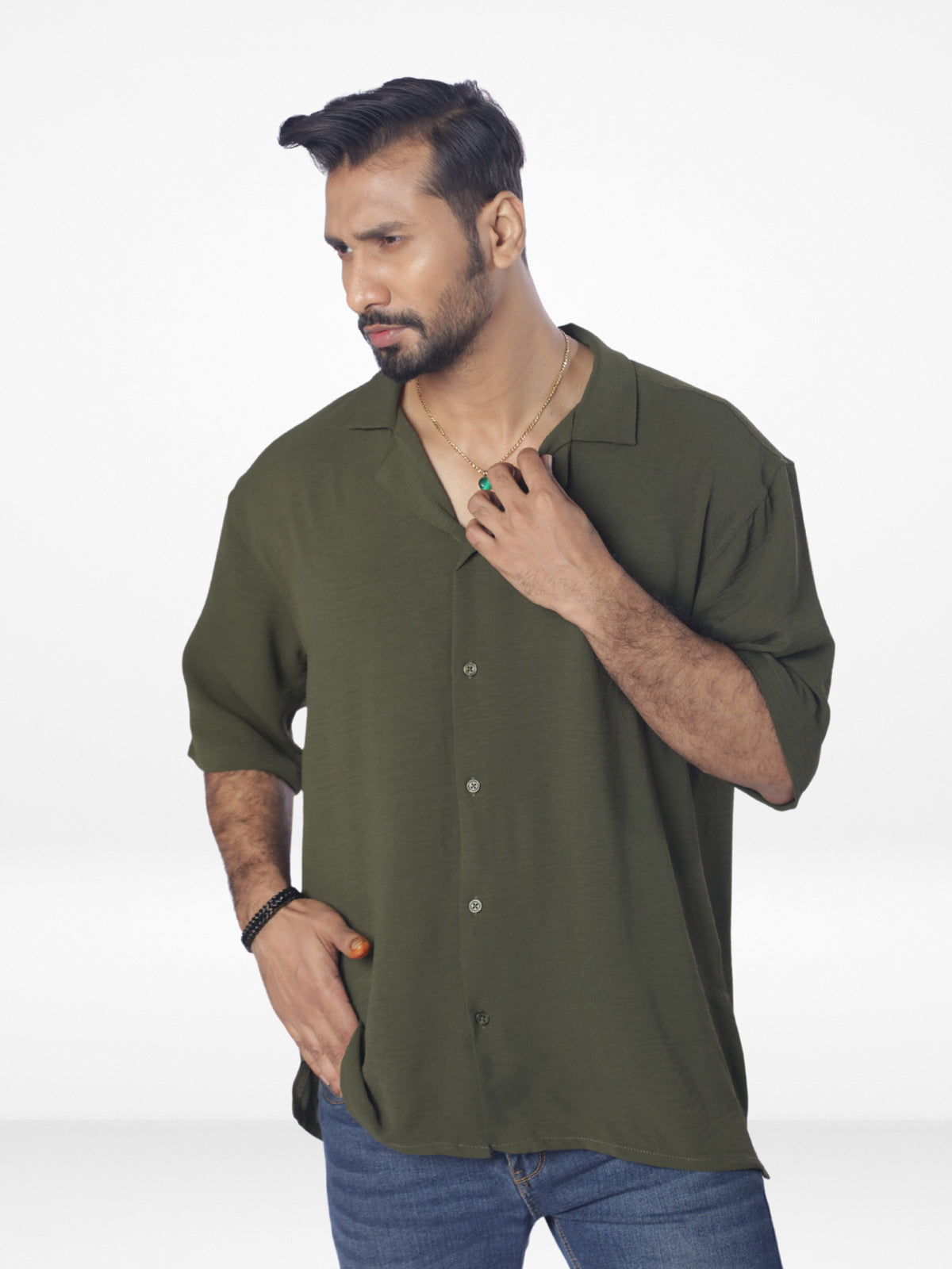 Men's Half-Sleeve Relaxed-Fit Casual Cuban Collar Shirt| OLIVE