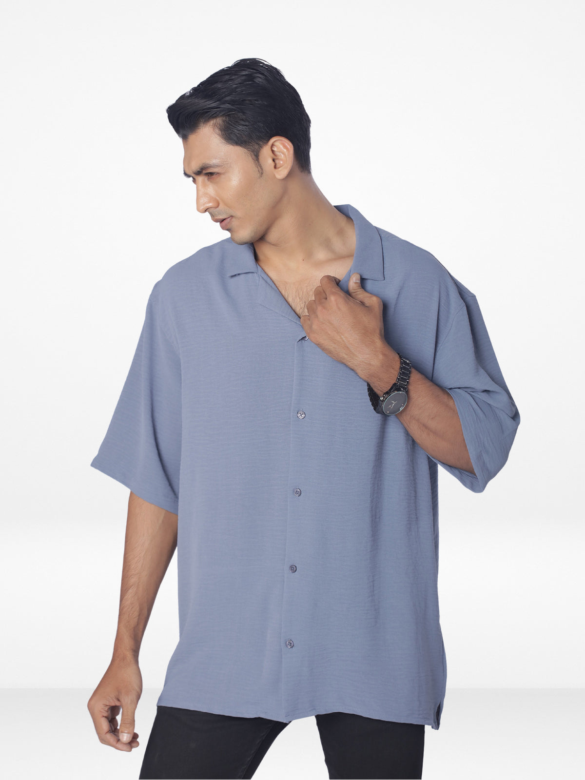 Men's Half-Sleeve Relaxed-Fit Casual Cuban Collar Shirt| SLATE BLUE