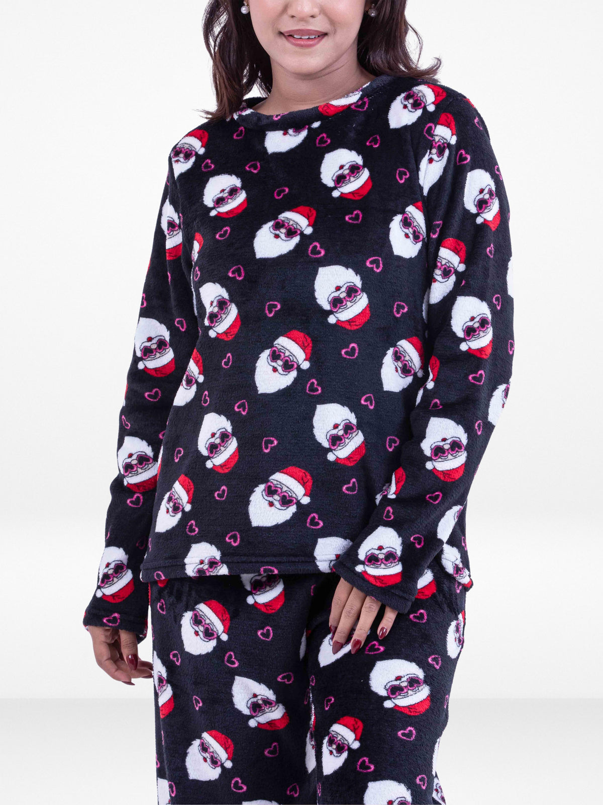 Women’s Black Santa Printed Pyjama Set – Long Sleeve Sleepwear | Cozy Winter Loungewear for Women