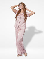 Satin Pajama Set for Women - Contrast Piping, Notch Collar, Button Down, Short Sleeve Long Pant