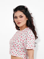 Womens All Over Printed Crop Top Crew Neck Half Sleeve Tee for Trendy Casual Wear - Egret