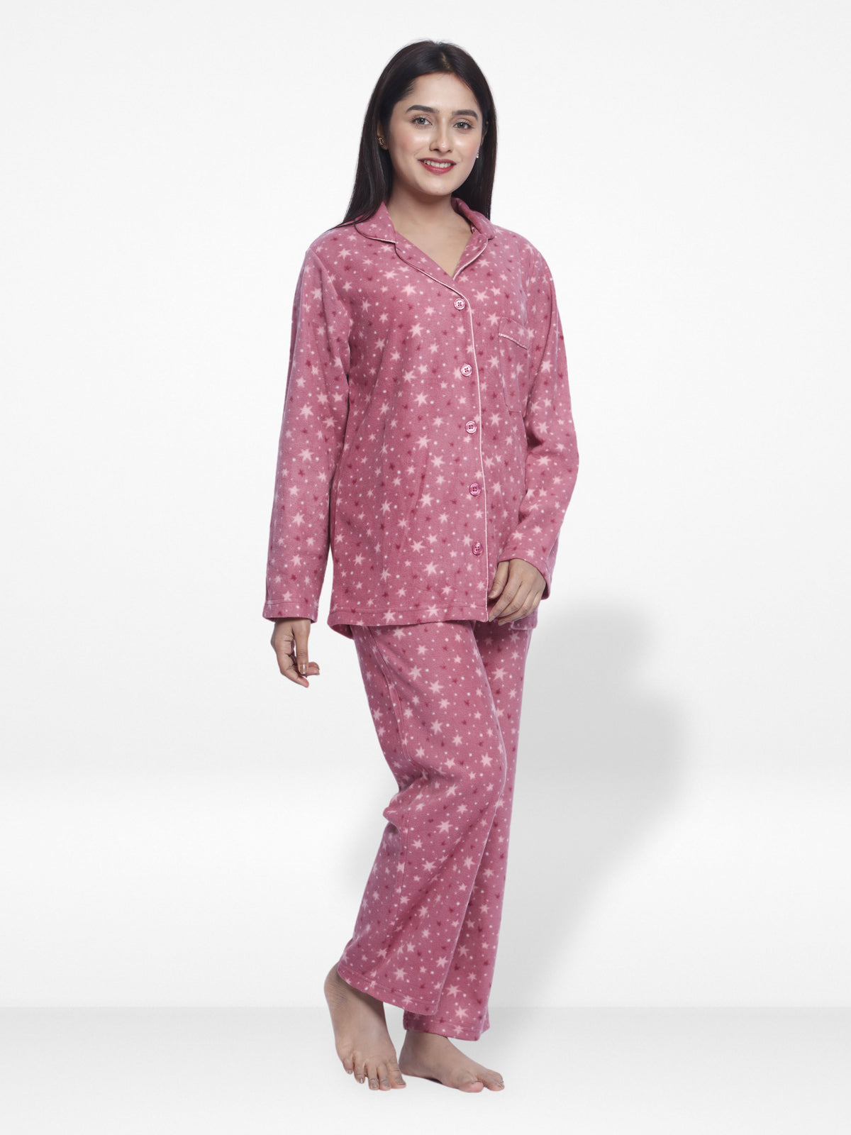 Women Micro Polar Fleece Star Print Sleepwear Long Sleeve Pyjama Set