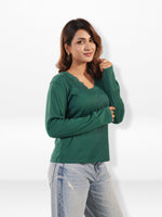 Women's Long Sleeve V-Neck Top with Elegant Lace – Casual Knit Blouse