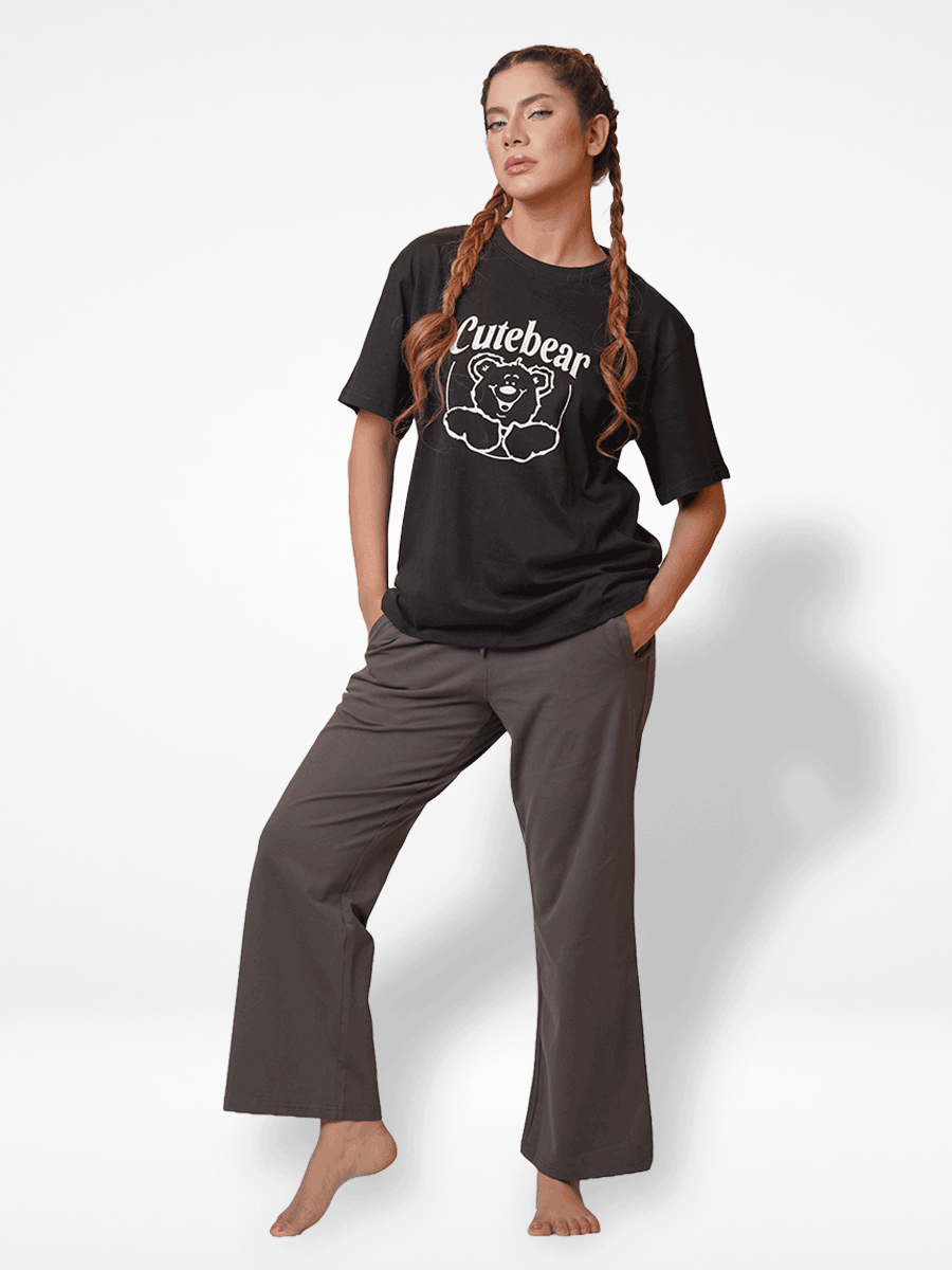 Women Cute Bear Graphics Print Cotton T-shirt