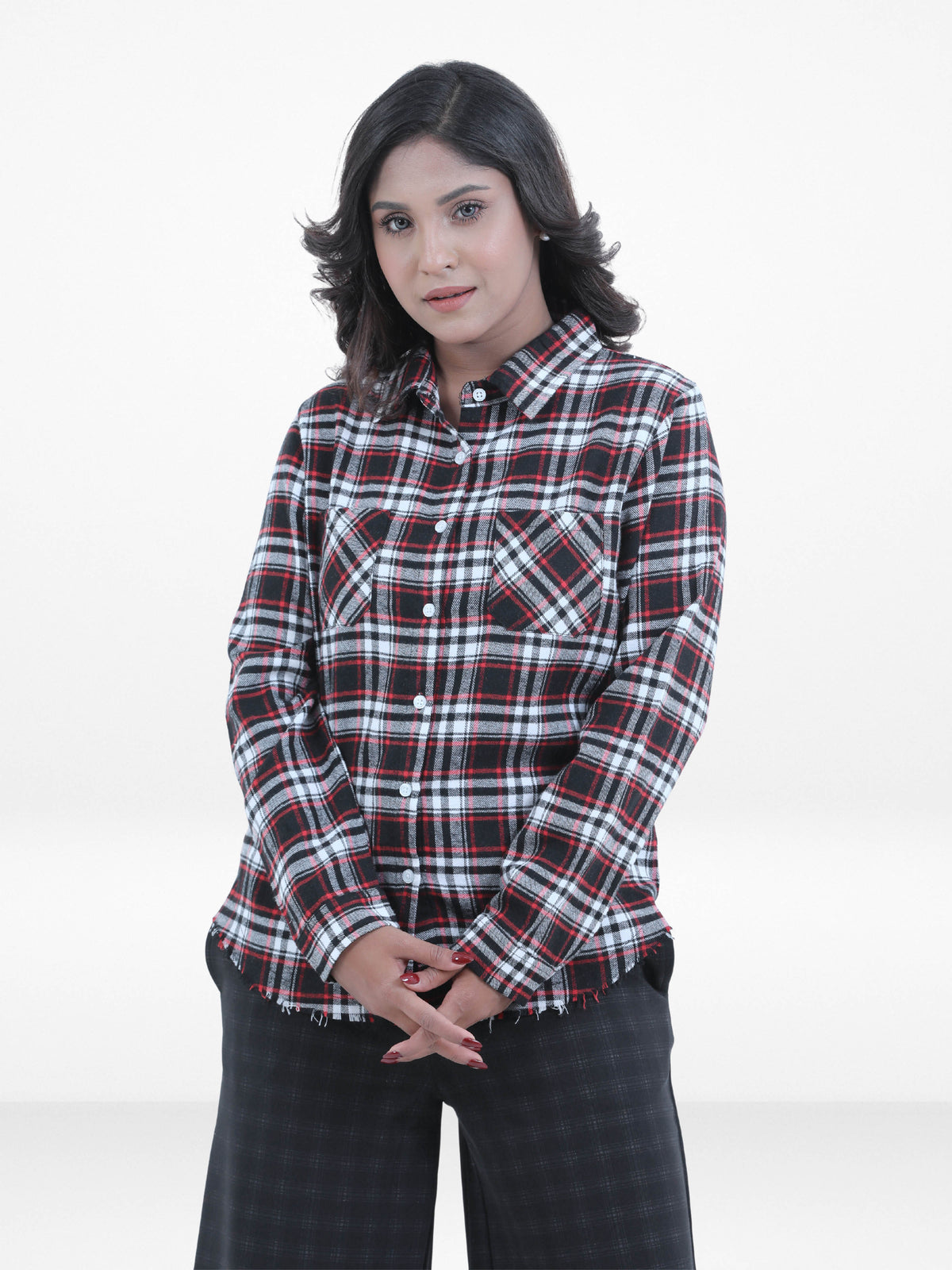 Women’s Plaid Distressed Flannel ShirtFlannel Shirt – 100% Cotton Long Sleeve Button-Down Checkered Shirt | Relaxed Fit Casual Top for Everyday Comfort